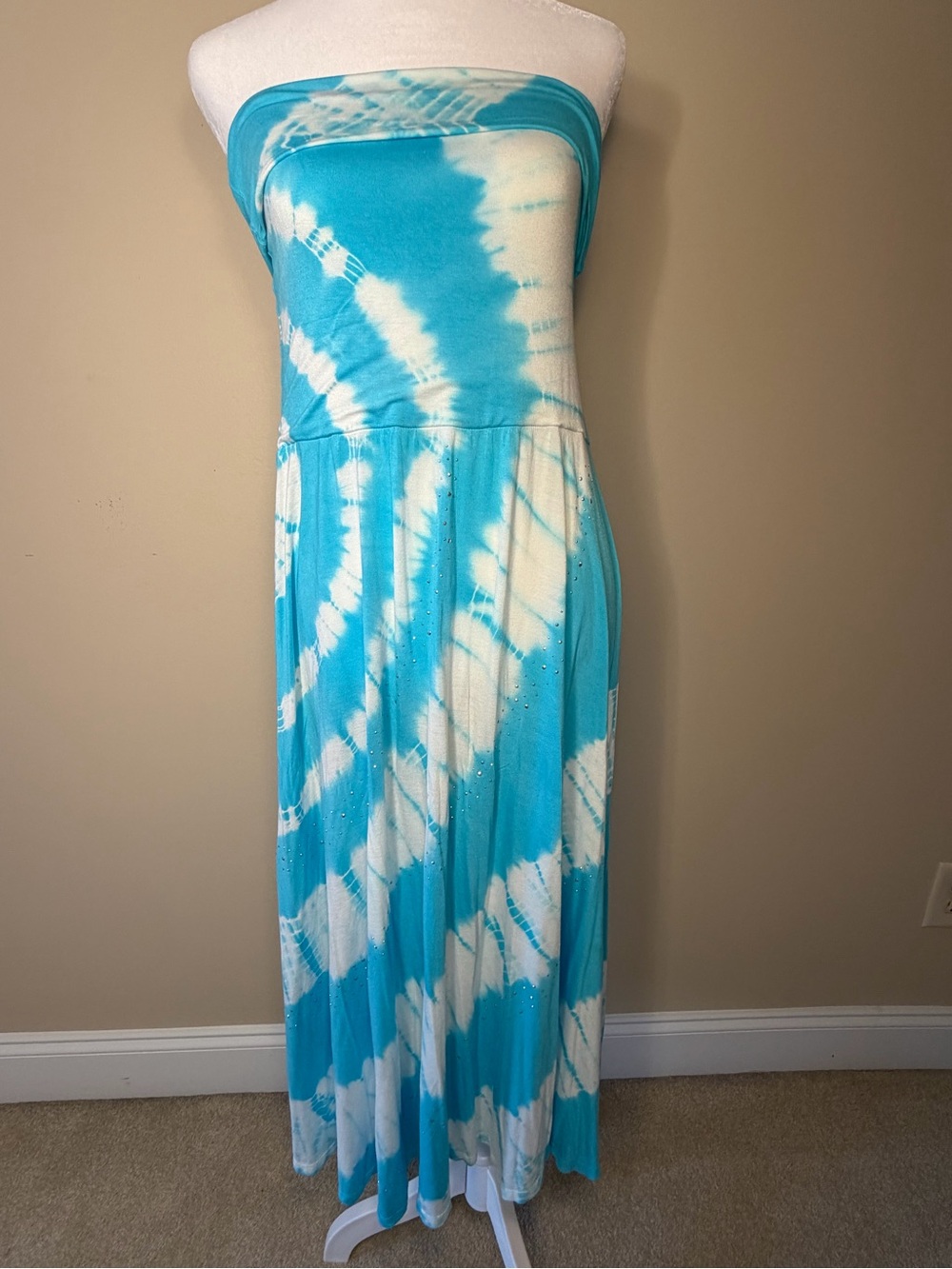 INC International Concepts Strapless Turquoise and White Tie-Dye Maxi Dress